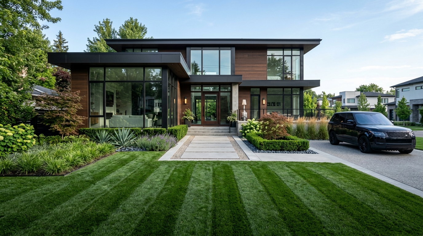 Suburban villa front garden landscaping layout done by Moose Property Maintenance