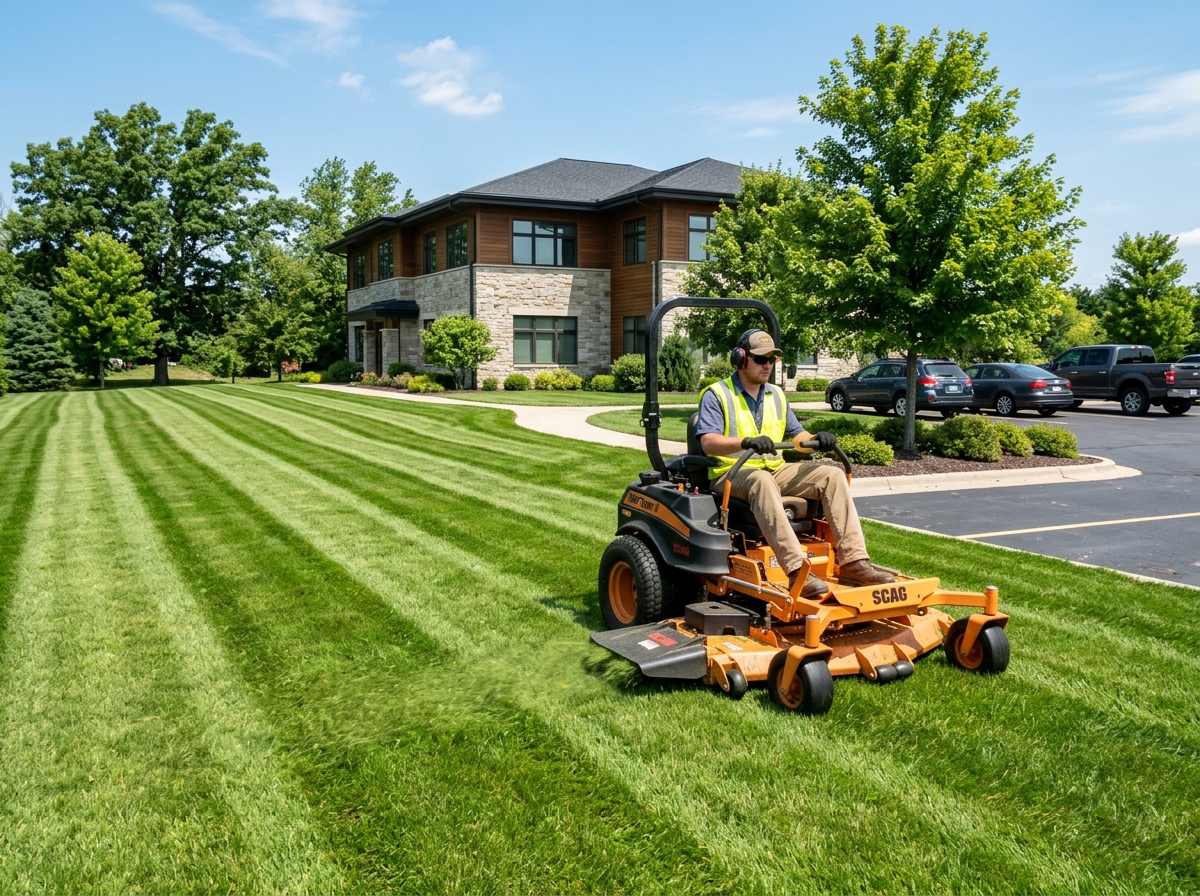 Impeccably manicured property lawns mowed by Moose Property Maintenance crews